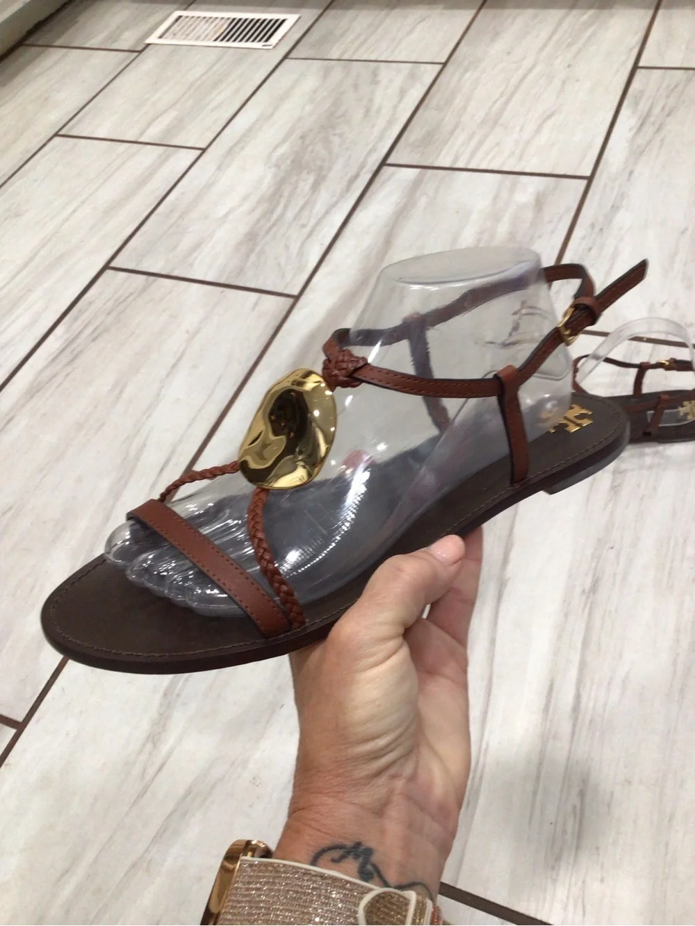 Tory Burch Patos Brown Gold Medallion Leather Flat Sandals Size 10M NIB 80287